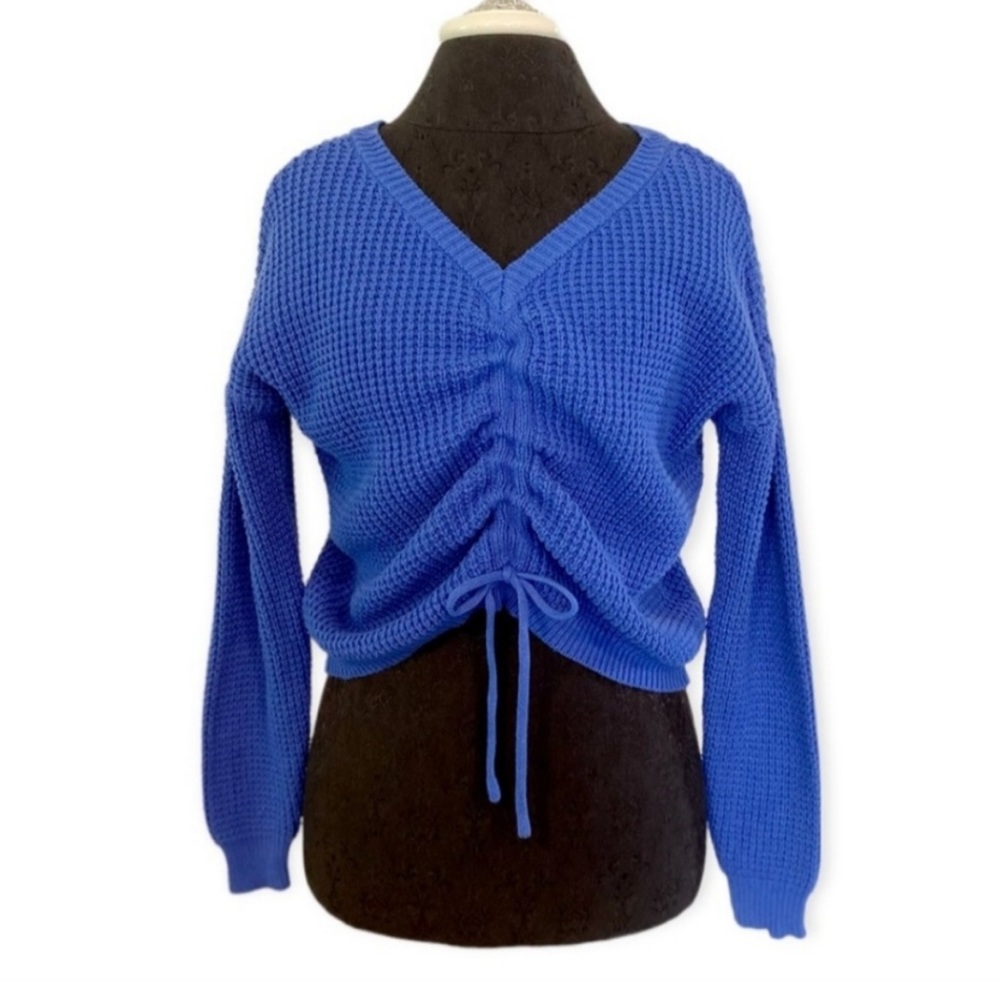 Sincerely Jules Blue Knit Cinched Cropped Sweater